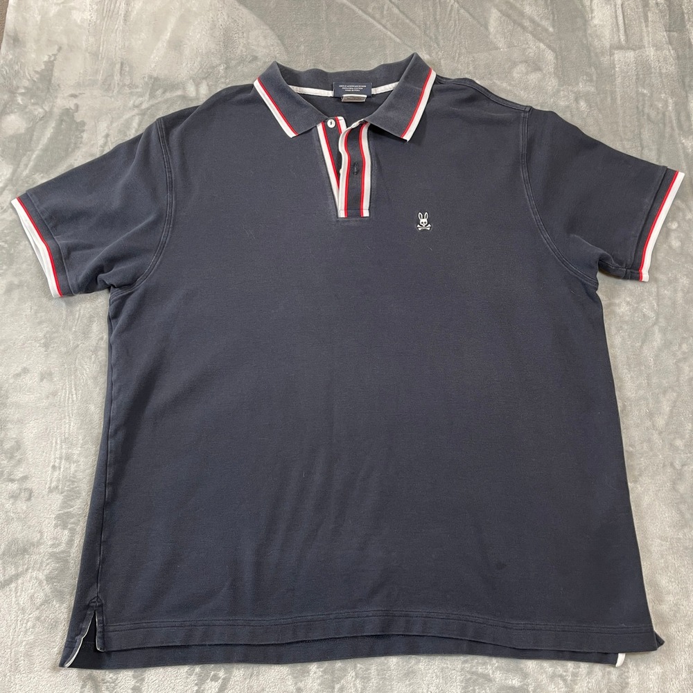 Psycho Bunny Mens XL Navy Blue Pima Cotton Tipped Short Sleeve Polo Shirt Logo